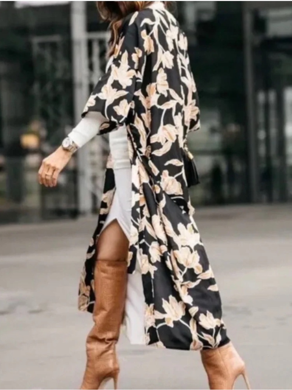 Maison du Soir Selena Floral Kimono Robe Black Tan Waist Tie Longline NWT-S/M